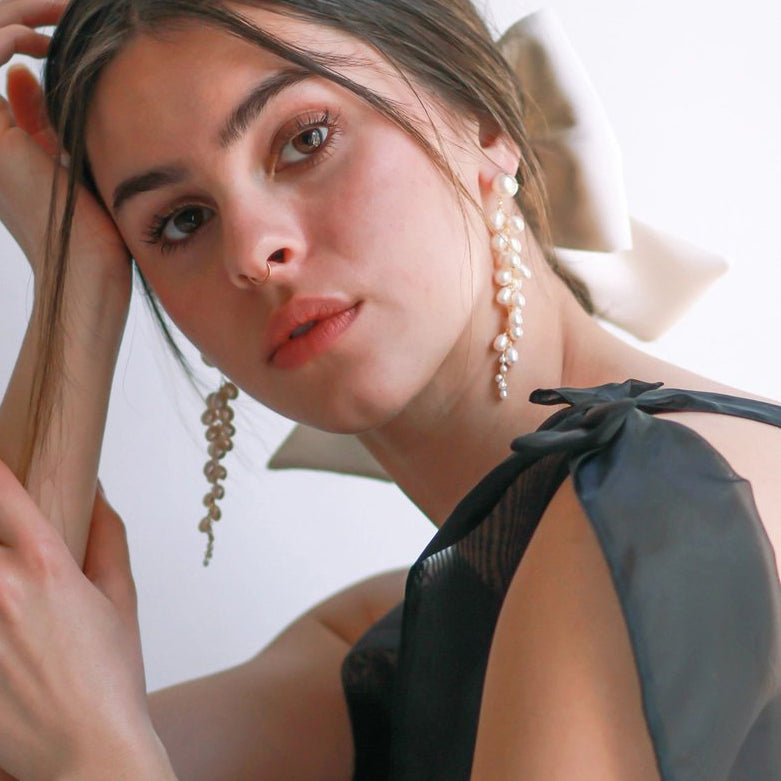 Sereine Long Pearl Cluster Statement Earrings