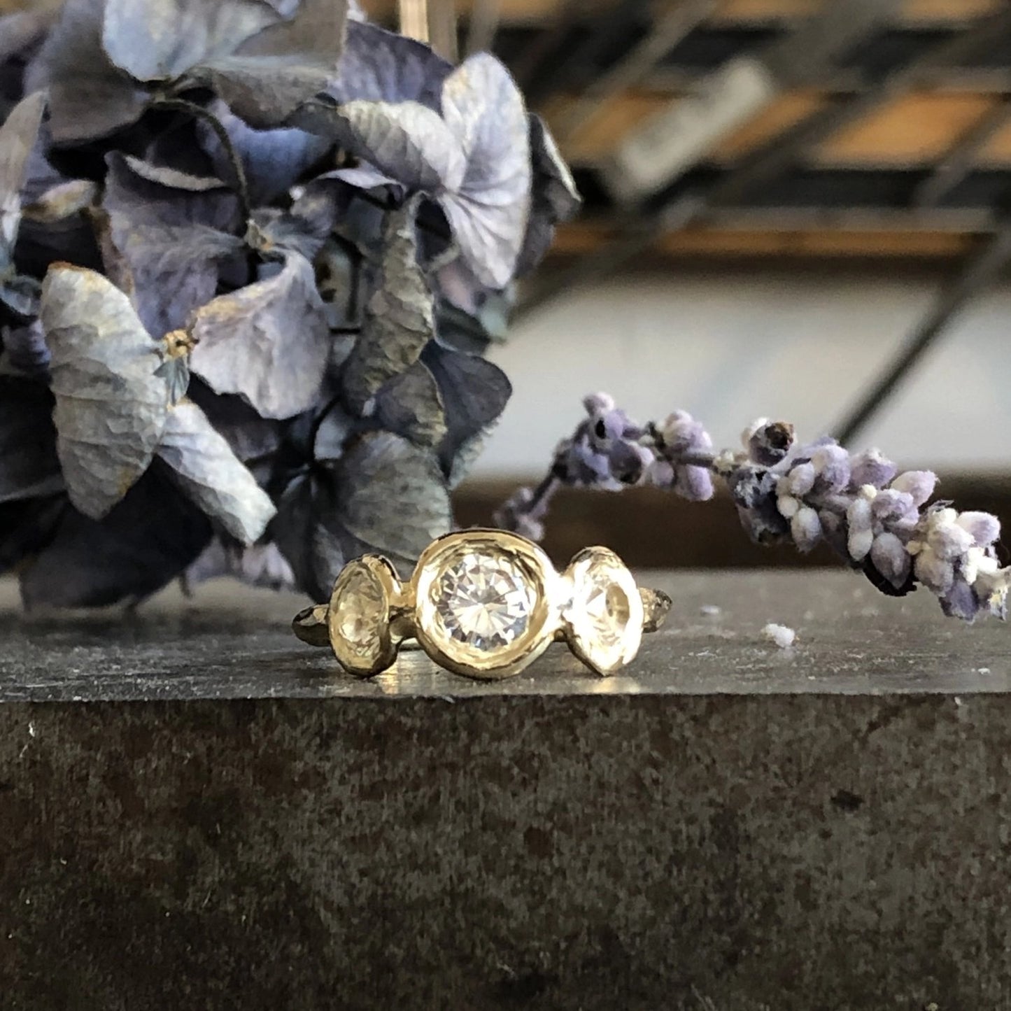 14k Gold + White Sapphire 'Sunburst Trio' Ring