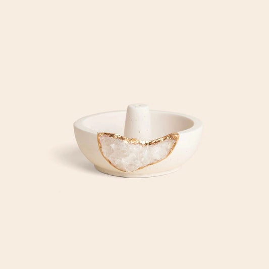 Natural Quartz Geode Incense Holder – White + Gold