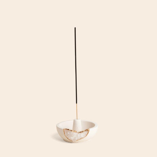 Natural Quartz Geode Incense Holder – White + Gold