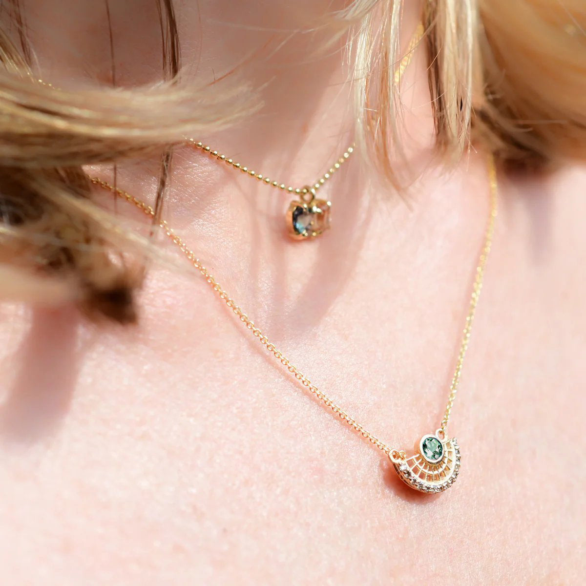 14k Gold, Blue-Green Tourmaline + Champagne Diamond ‘Tantallon’ Pendant Necklace