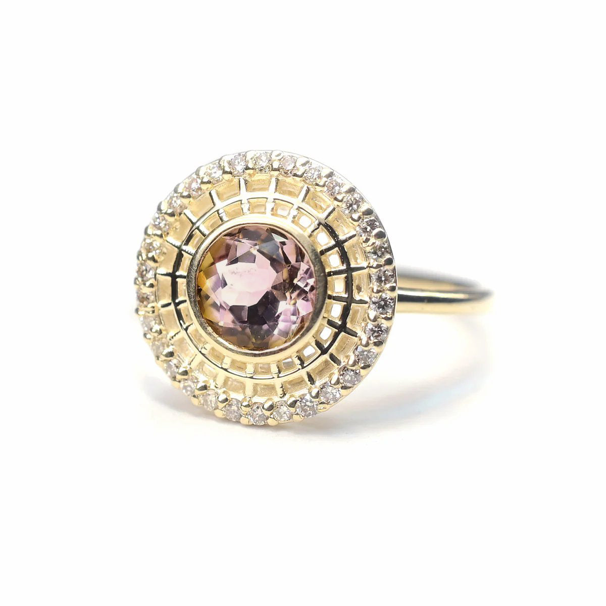 14k Gold + Watermelon Tourmaline 'Tantallon' Ring with Champagne Diamonds