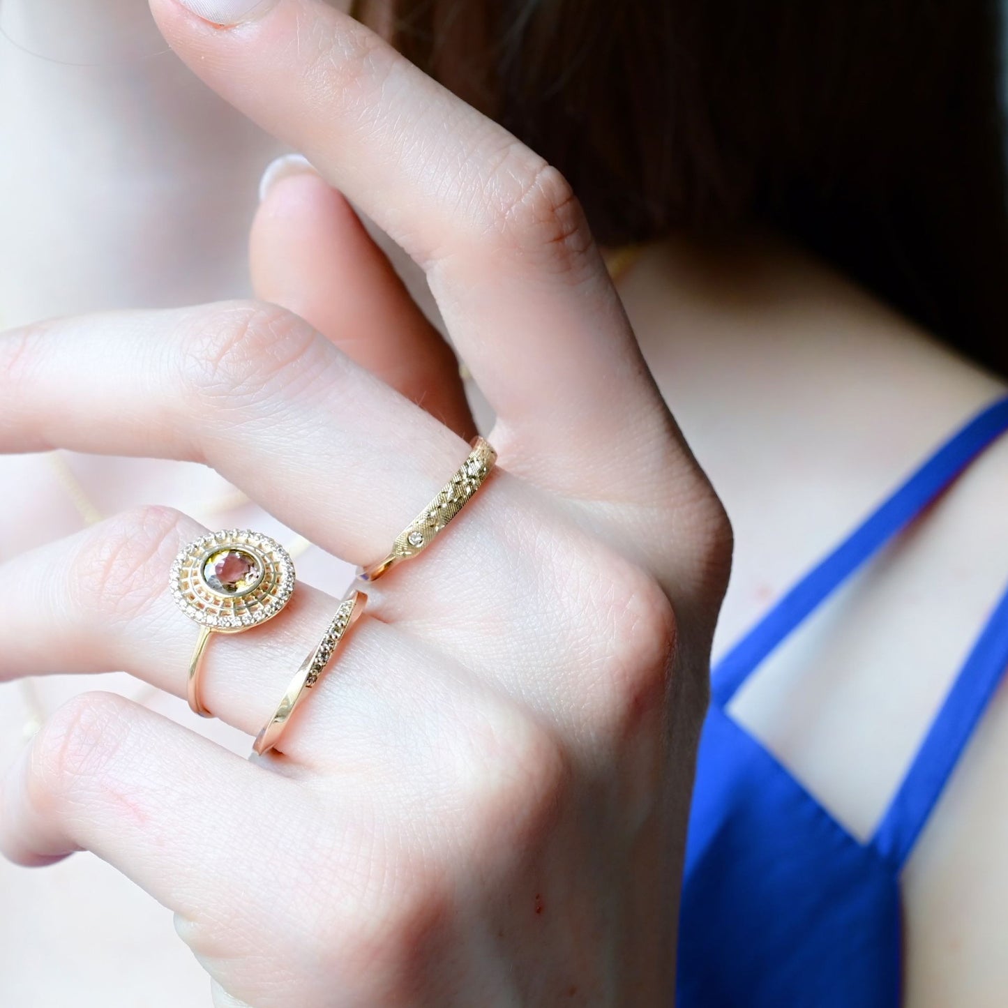14k Gold + Watermelon Tourmaline 'Tantallon' Ring with Champagne Diamonds