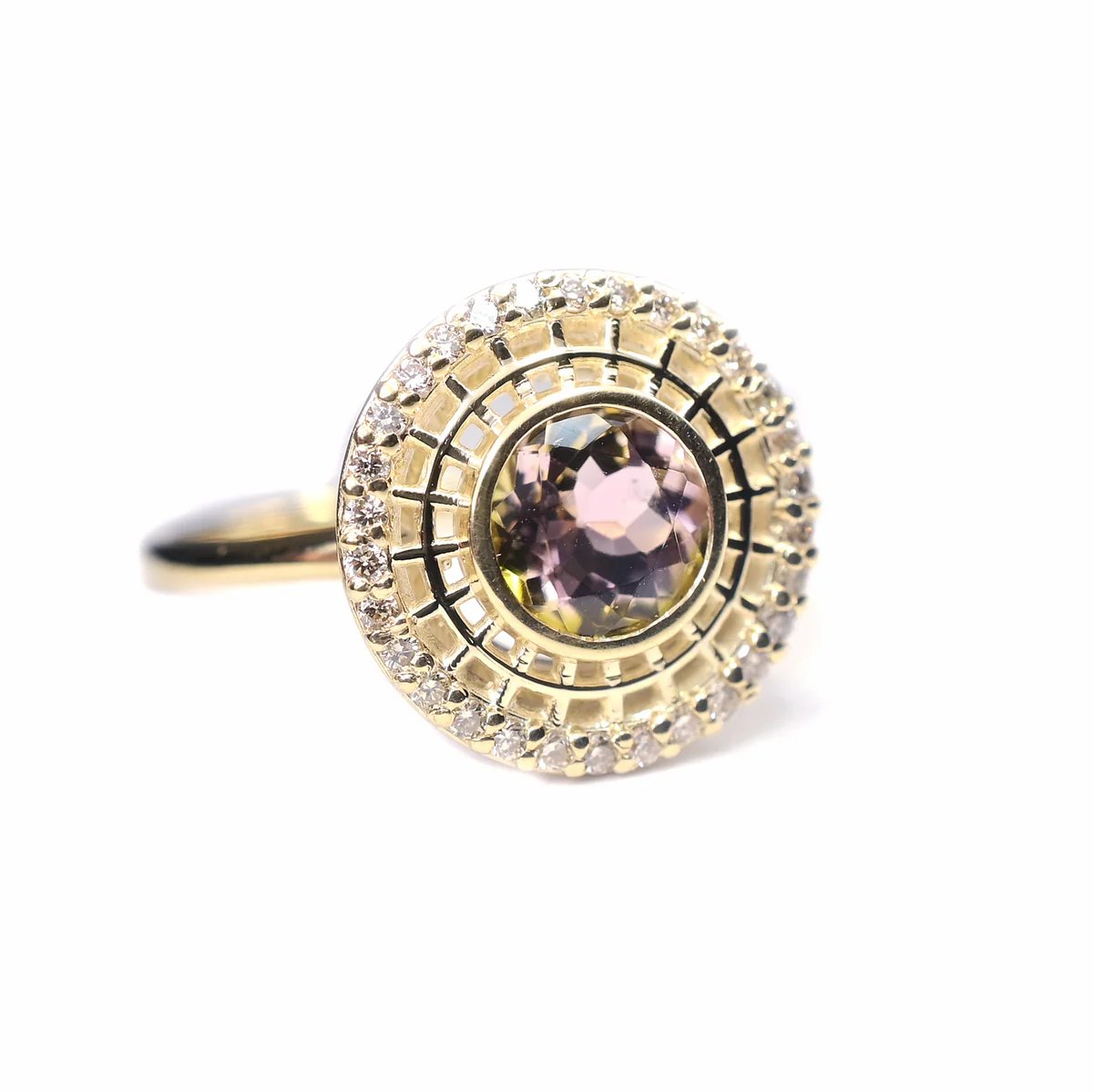 14k Gold + Watermelon Tourmaline 'Tantallon' Ring with Champagne Diamonds