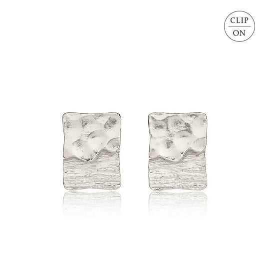 Textured Rectangular Slab Clip-On Earrings - Silver