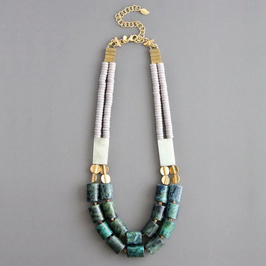 Double Strand Green + Gray Stone Statement Necklace