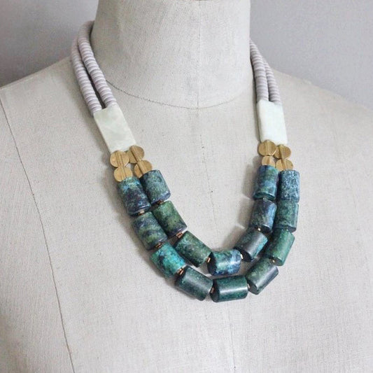 Double Strand Green + Gray Stone Statement Necklace