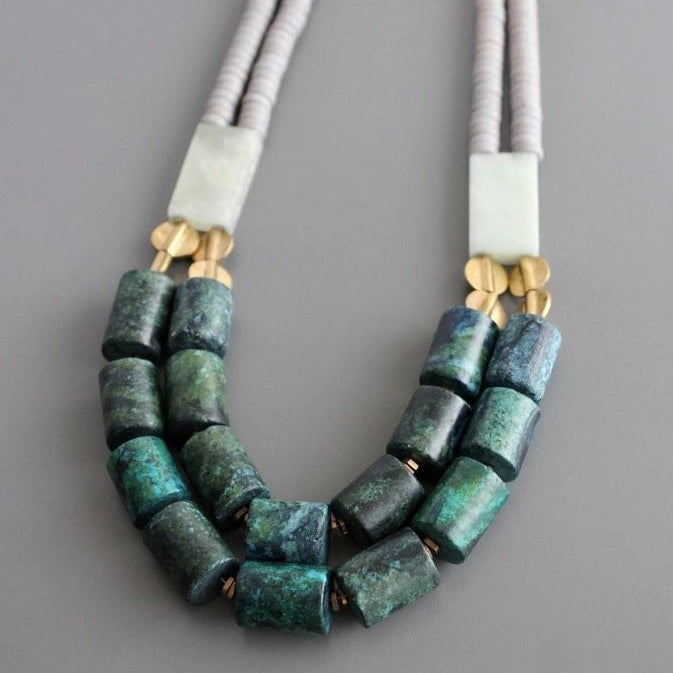 Double Strand Green + Gray Stone Statement Necklace