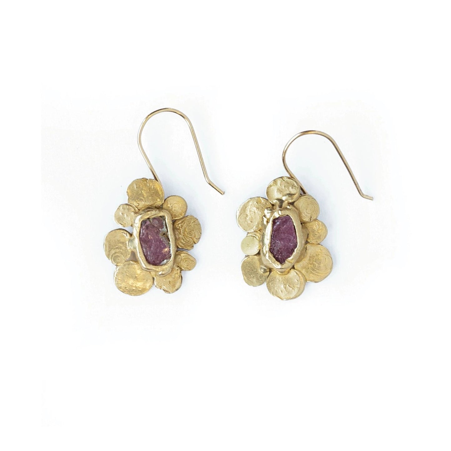 Brass Vanity Dangle Earrings with Raw Rubies