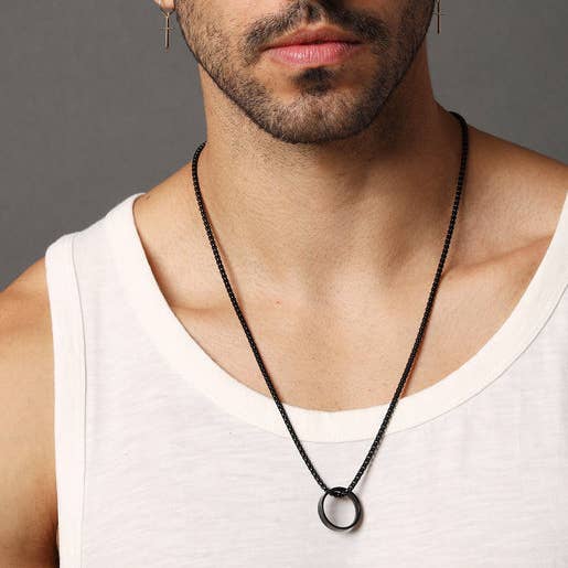 Black Ring Pendant on 3mm Venetian Round Box Chain Necklace (select size)