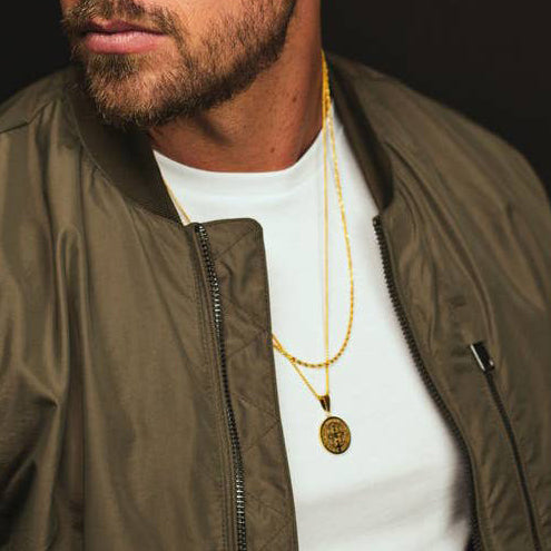 Gold Plated Stainless Steel Large St. Benedict Medal Pendant Necklace