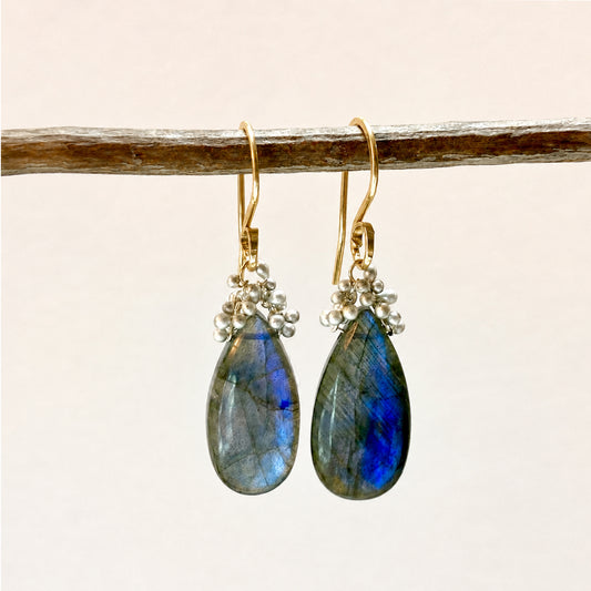 ‘Caviar Dew Drop’ Earrings with Labradorite - Gold Fill + Sterling Silver