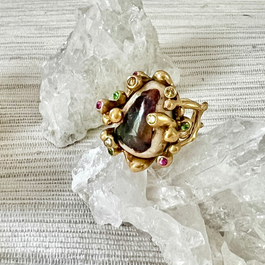 Hand-Cast Organic Bronze + Galaxy Opal Statement Ring with Sapphires + Tsavorites