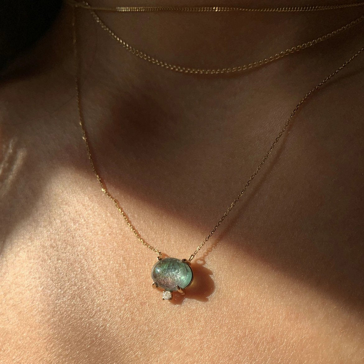 14k Gold, Dainty Green Tourmaline Oval Cabochon + Diamond Pendant Necklace