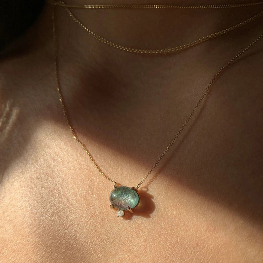 14k Gold, Dainty Green Tourmaline Oval Cabochon + Diamond Pendant Necklace