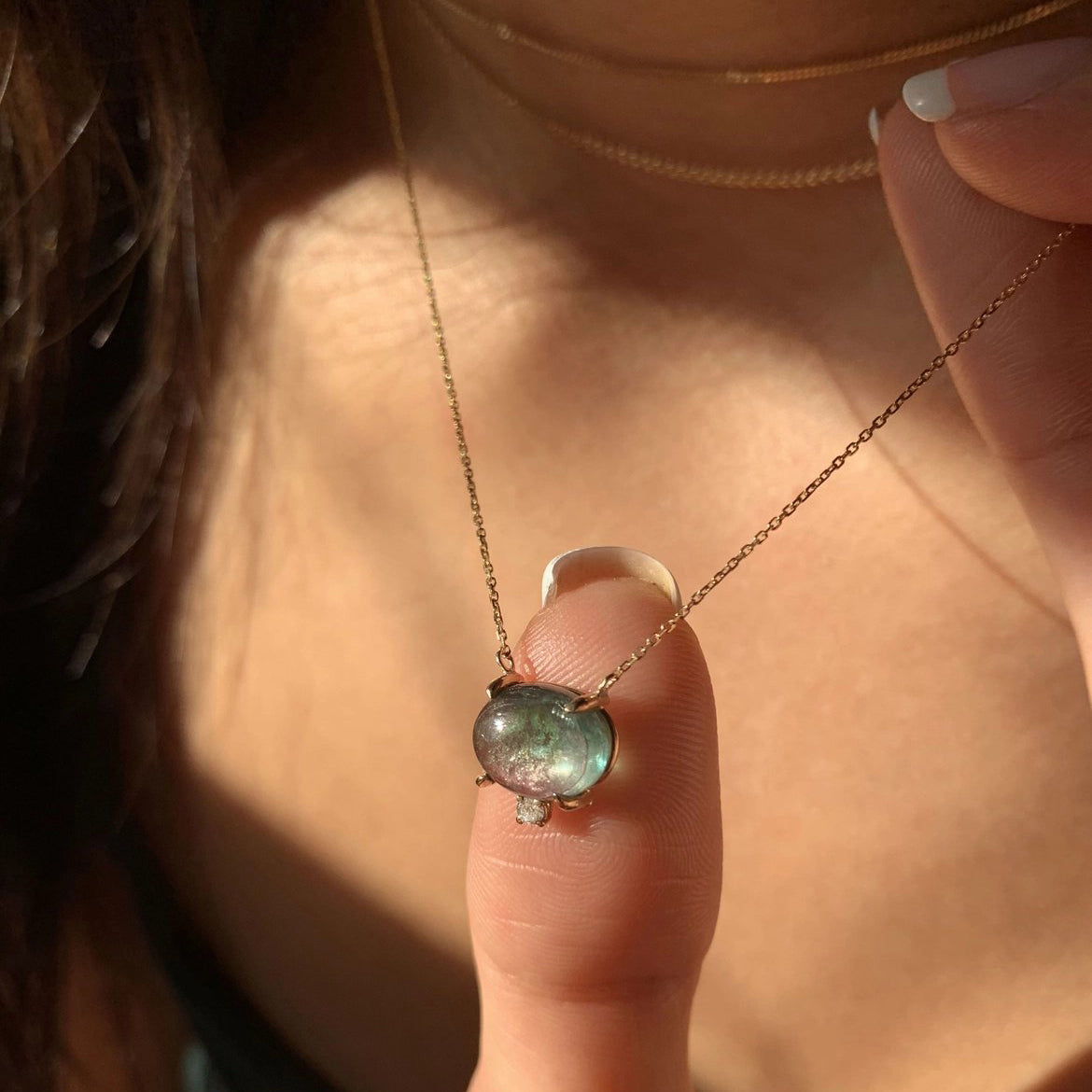 14k Gold, Dainty Green Tourmaline Oval Cabochon + Diamond Pendant Necklace