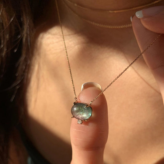 14k Gold, Dainty Green Tourmaline Oval Cabochon + Diamond Pendant Necklace