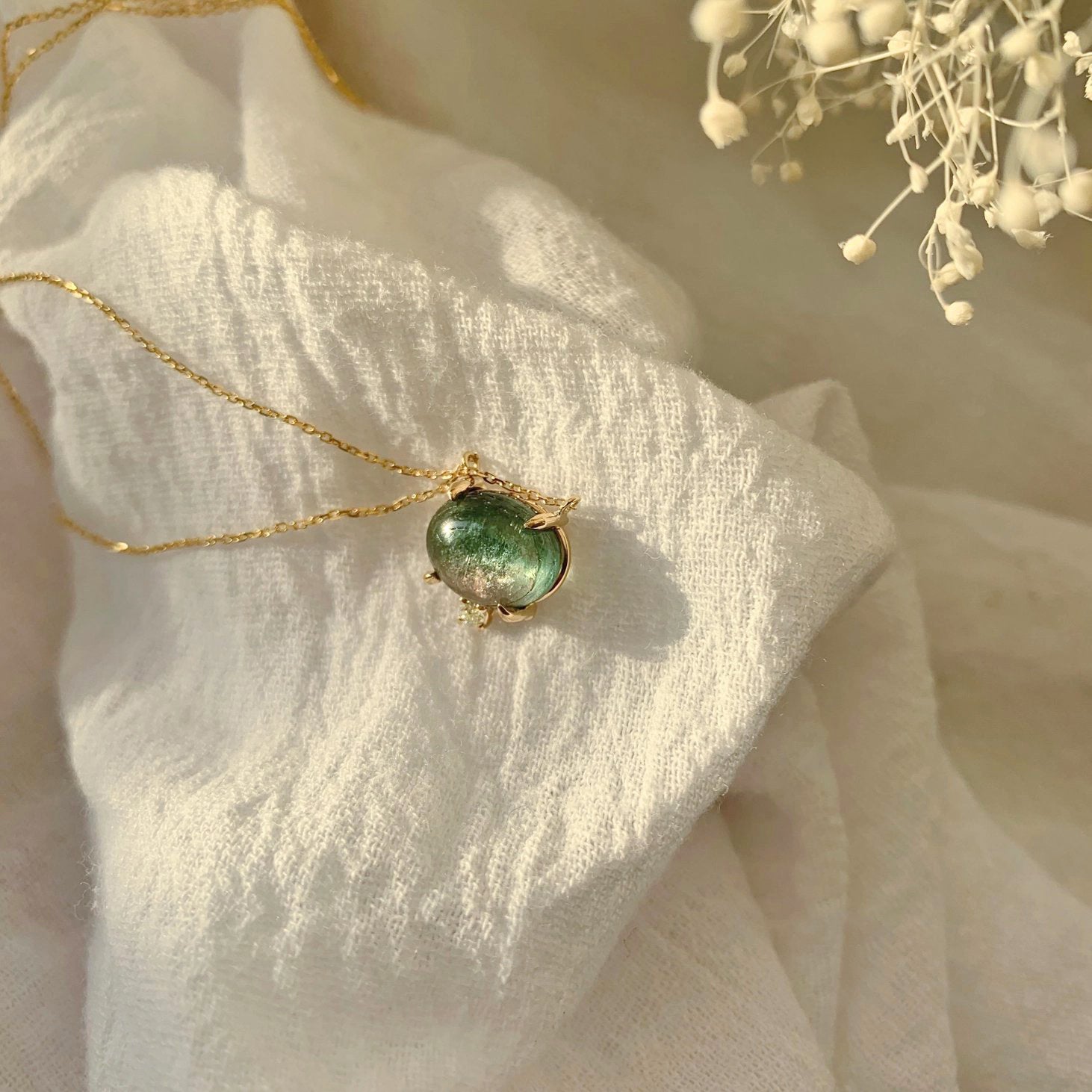 14k Gold, Dainty Green Tourmaline Oval Cabochon + Diamond Pendant Necklace