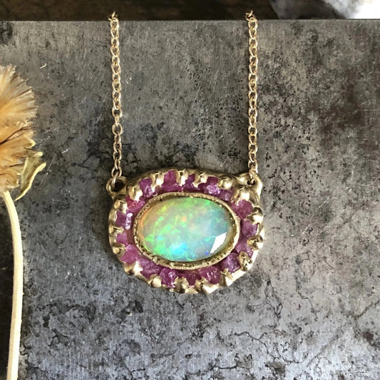 14k Gold 'Looking Glass' Necklace with Opal + Pink Sapphire Pendant