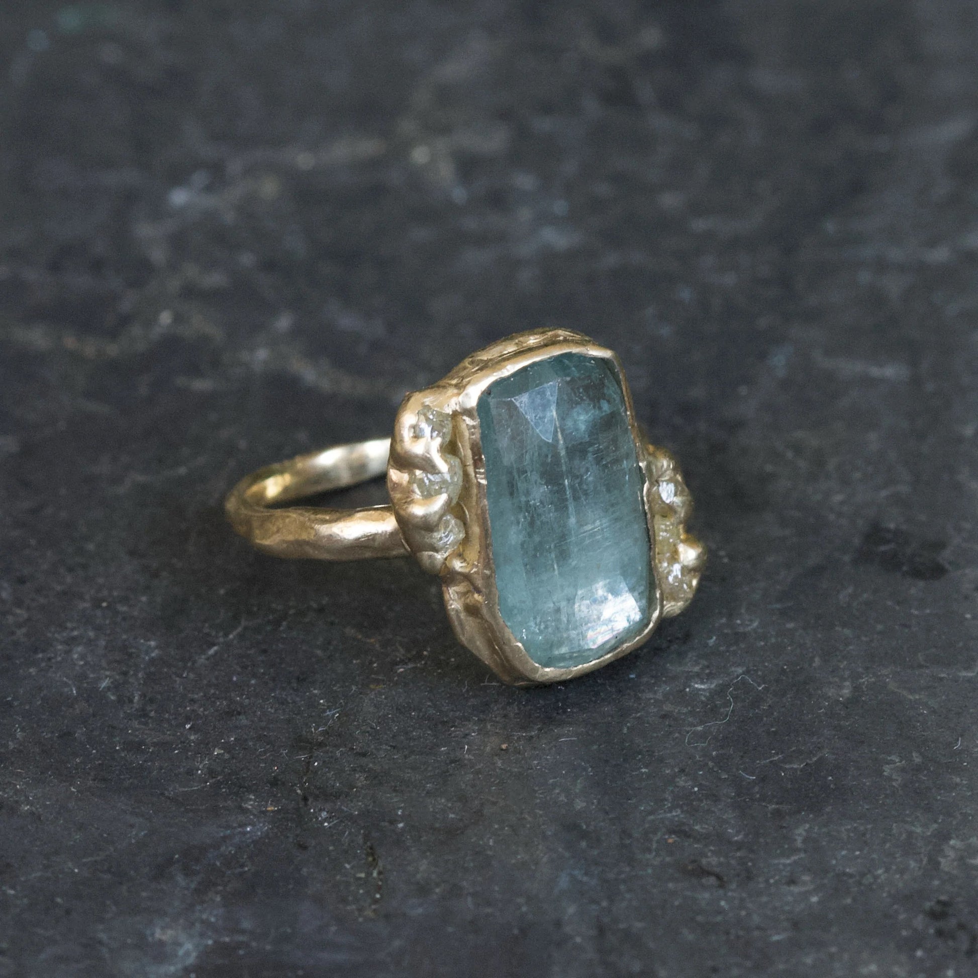 14k Gold Ring with Aquamarine + Raw Diamonds