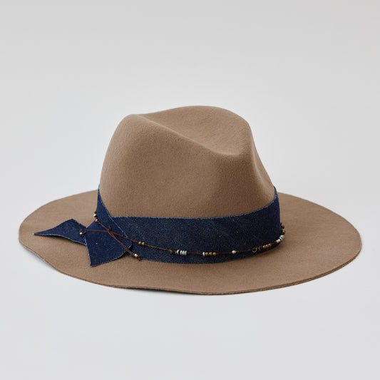 Wool Felt Fedora with Denim + Bead Layered Trim - Taupe