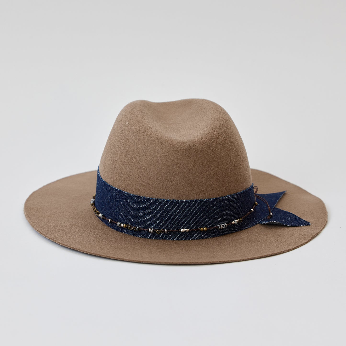 Wool Felt Fedora with Denim + Bead Layered Trim - Taupe