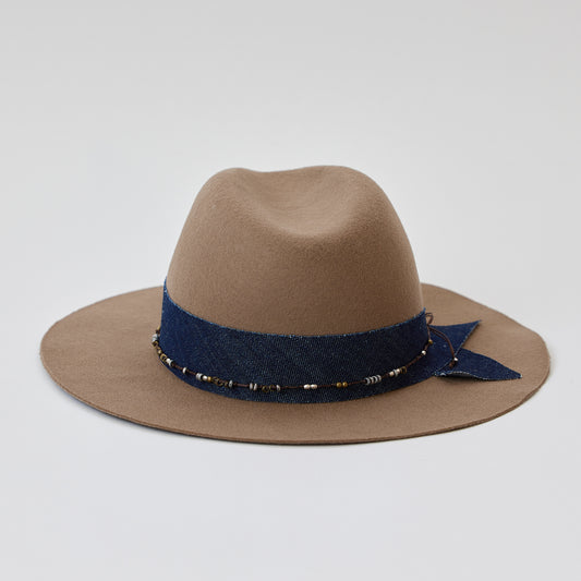 Wool Felt Fedora with Denim + Bead Layered Trim - Taupe