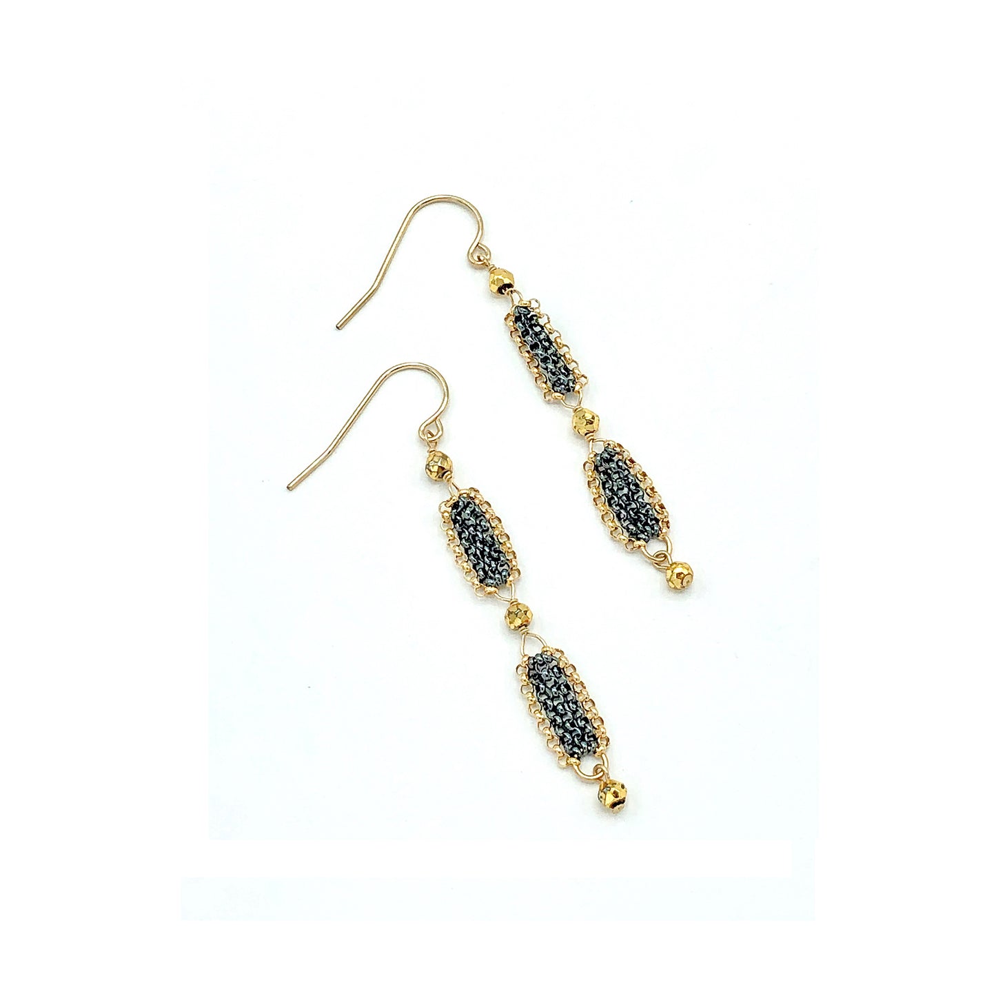 Black + Gold Handmade Chain Mesh Drop Earrings with Pyrite Accents