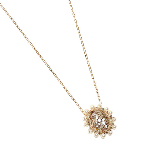 Antique French Metal Lace + Pearl Petite Pendant Necklace
