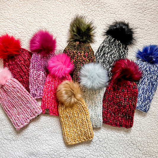 Handknit Pom-Pom Beanie (Select Color)