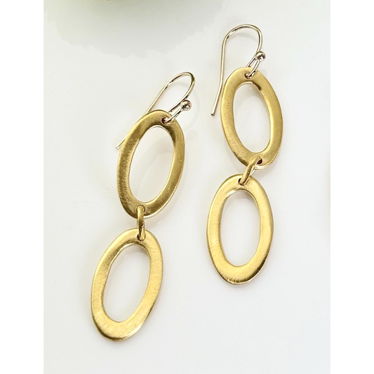 Two Open Ovals Dangle Earrings - Gold