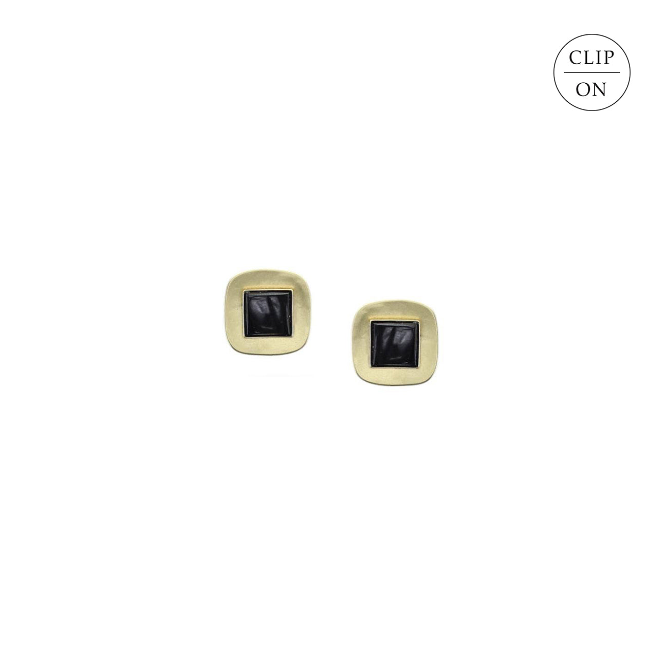 Small Brass Rounded Square with Black Onyx Clip-on Earring