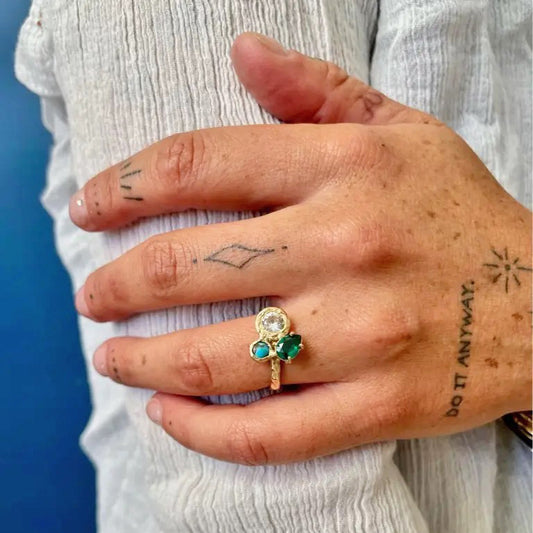 14k Gold Ring with White Sapphire, Turquoise + Emerald Cluster