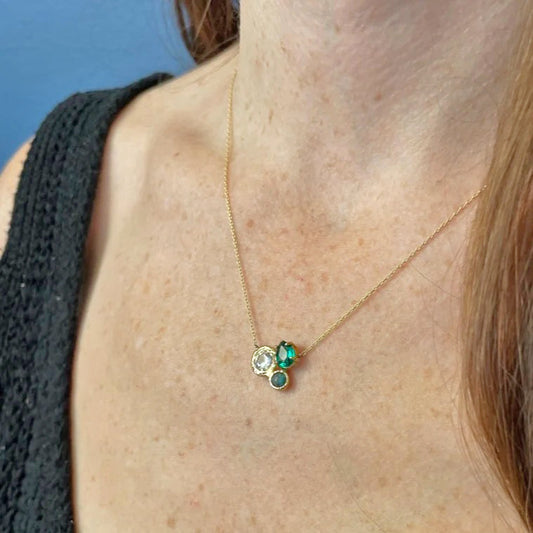 14k Gold Necklace with White Sapphire, Turquoise + Emerald Cluster Pendant