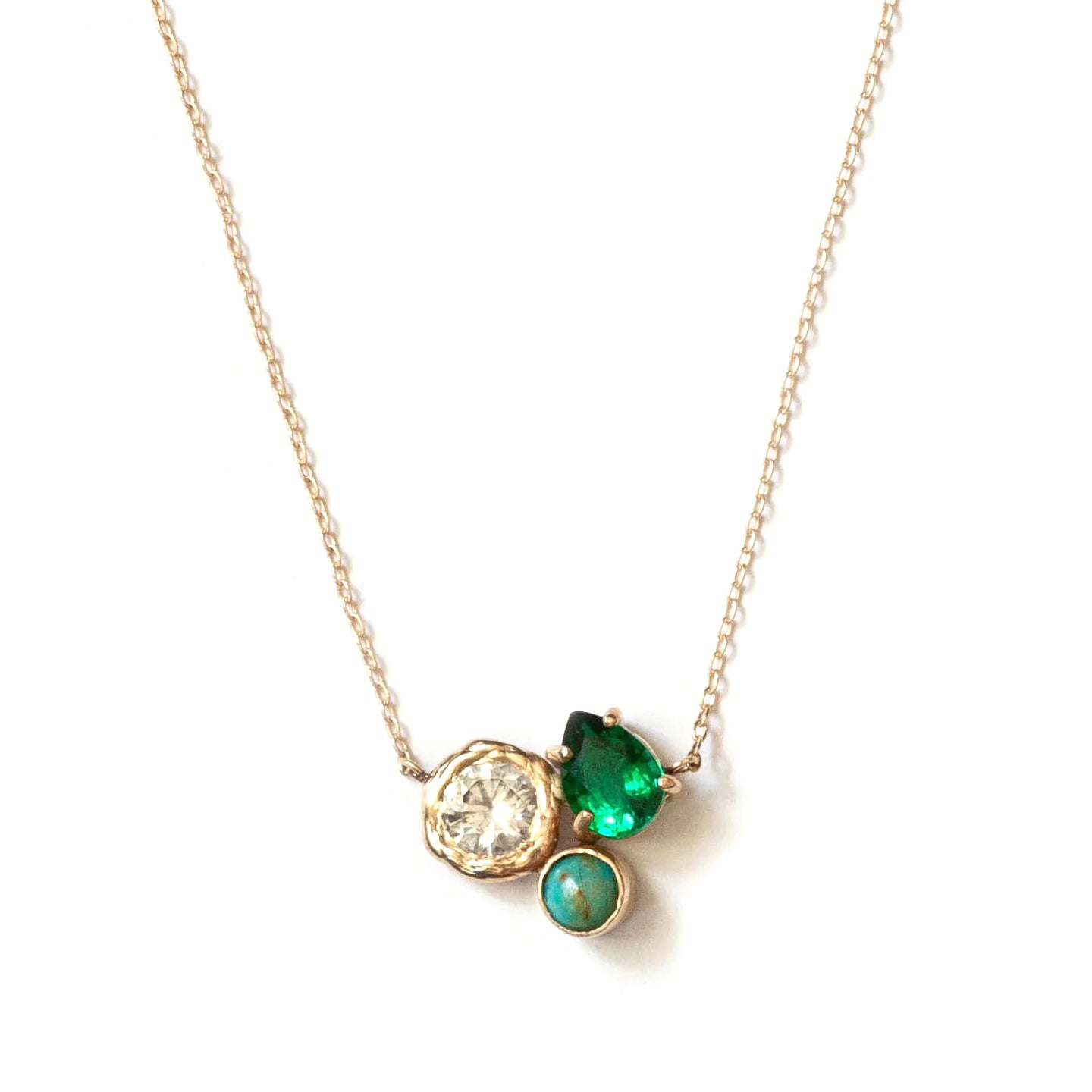 14k Gold Necklace with White Sapphire, Turquoise + Emerald Cluster Pendant