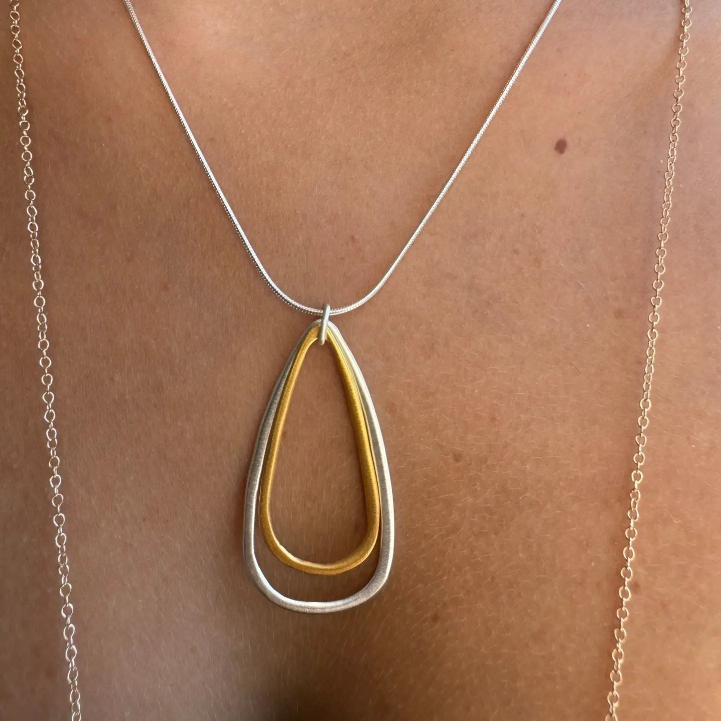 Large Double Teardrop Pendant Necklace - Silver + Vermeil
