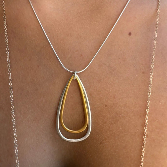 Large Double Teardrop Pendant Necklace - Silver + Vermeil
