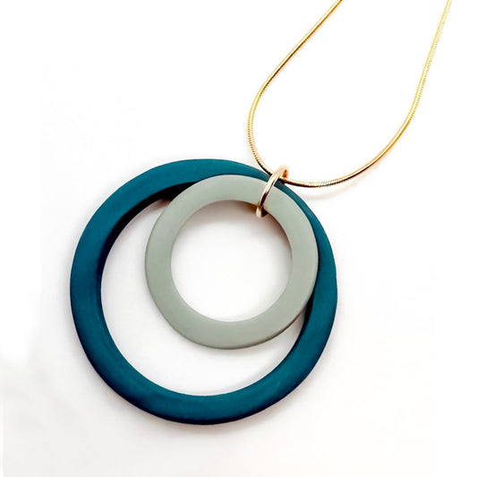Porcelain Double Circle Pendant Necklace - Teal + Mineral