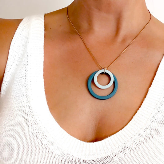 Porcelain Double Circle Pendant Necklace - Teal + Mineral