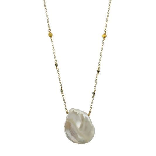 Large Pearl Pendant Necklace with Pyrite