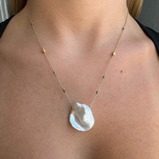 Large Pearl Pendant Necklace with Pyrite