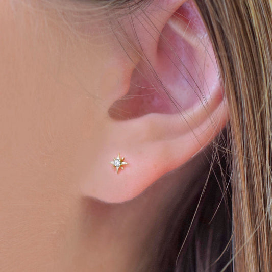 14k Gold + Diamond Mini Star Stud Earrings