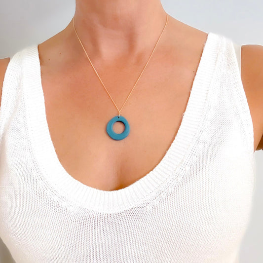 Small Porcelain Organic Circle Pendant Necklace - Teal