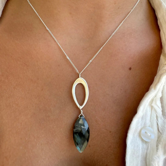 Leaf with Labradorite Marquis Necklace - Sterling Silver