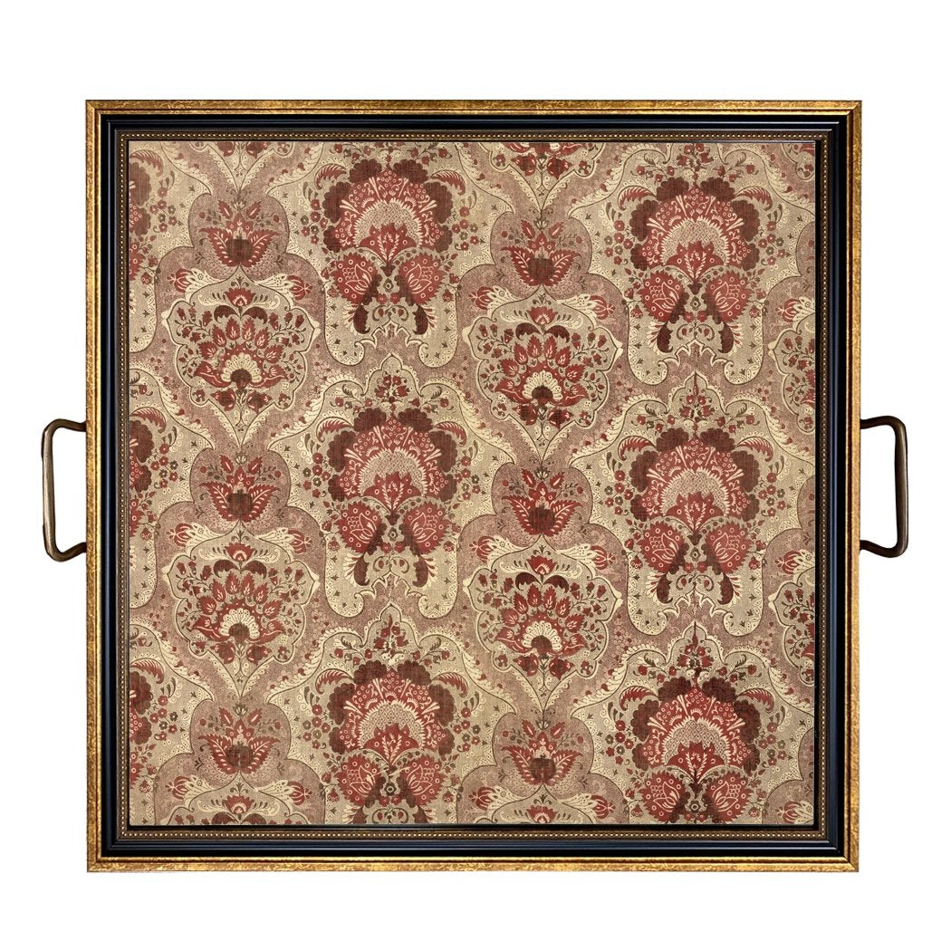Large 18th C. French Fabric Print Decorative Tray with Brass Handles