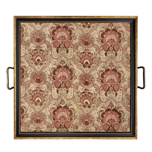 Large 18th C. French Fabric Print Decorative Tray with Brass Handles