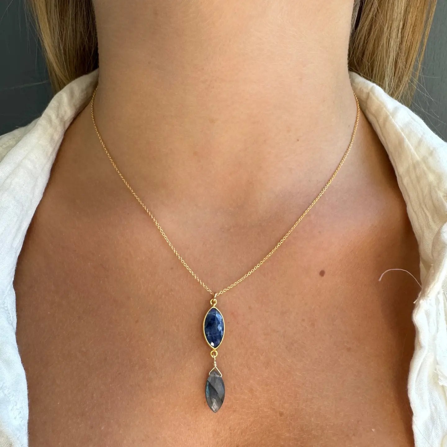 Sapphire Marquis + Labradorite Drop Pendant Necklace