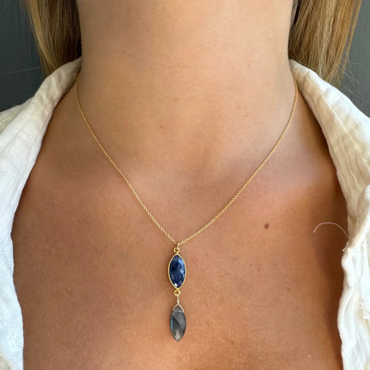 Sapphire Marquis + Labradorite Drop Pendant Necklace