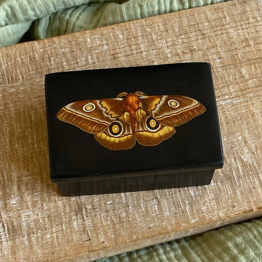 Emperor Moth Black Soapstone Trinket Box