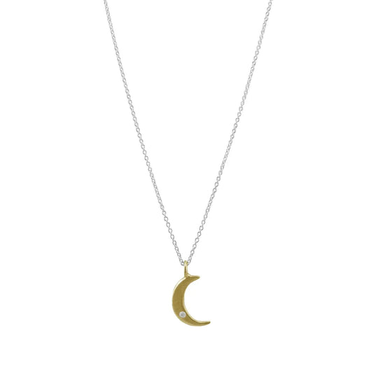 14k Gold Crescent Moon + Diamond Pendant Necklace on Silver Chain